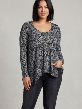 Marika Black and Gray Floral-Print Long-Sleeve Tunic